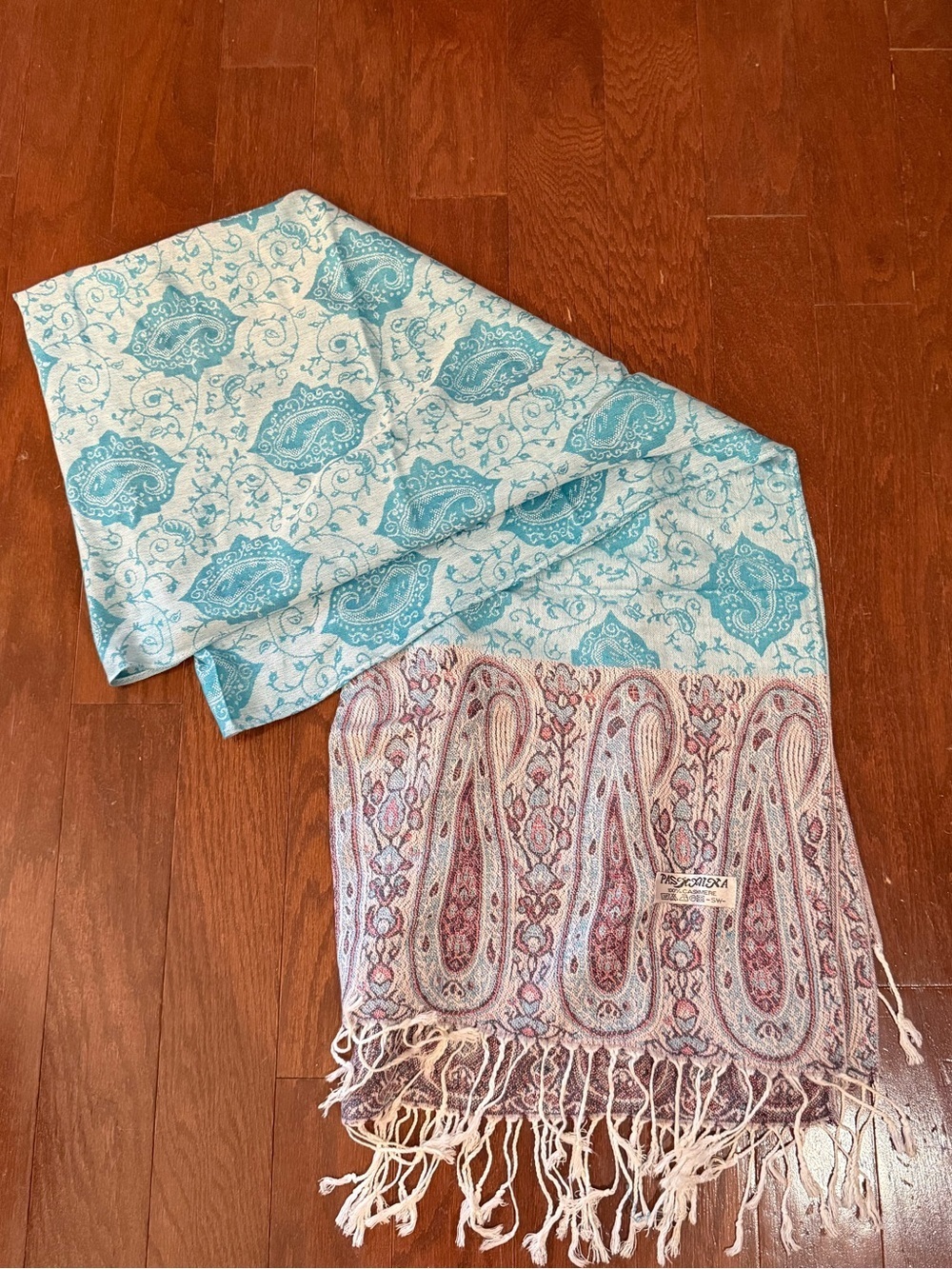 100% Pashmina Paisley Floral Fringe Scarf blue red, Veil, Throw, Wrap